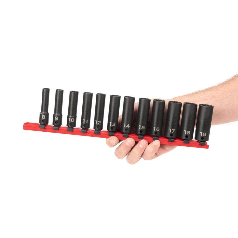 TEKTON 3/8 in. Drive Deep 12-Point Impact Socket Set (12-Piece) (8-19 mm) - Rails (3)