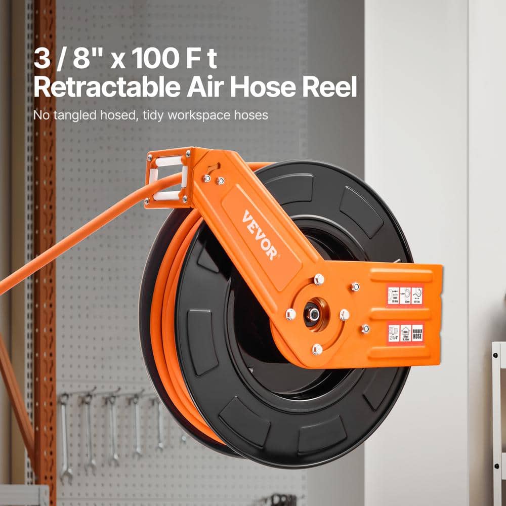 VEVOR Retractable Air Hose Reel, 3/8 in. x 100 ft. Rubber Air Hose Max 300PSI, Air Compressor Hose Reel Auto-Rewind with 5 ft. (2)
