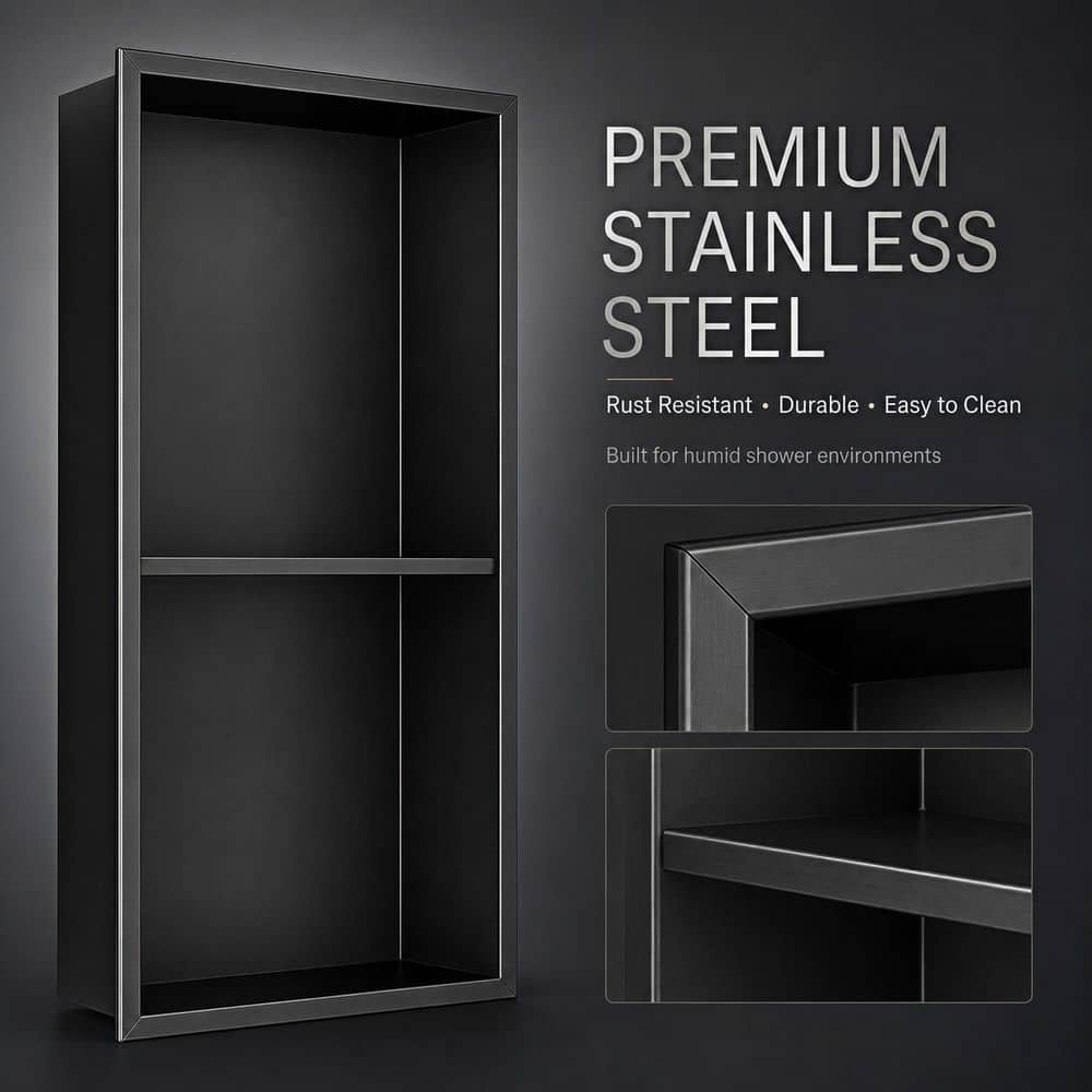 HOMEMYSTIQUE 12 in. W x 24 in. H x 4 in. D Stainless Steel Shower Niche in Matte Black (2)