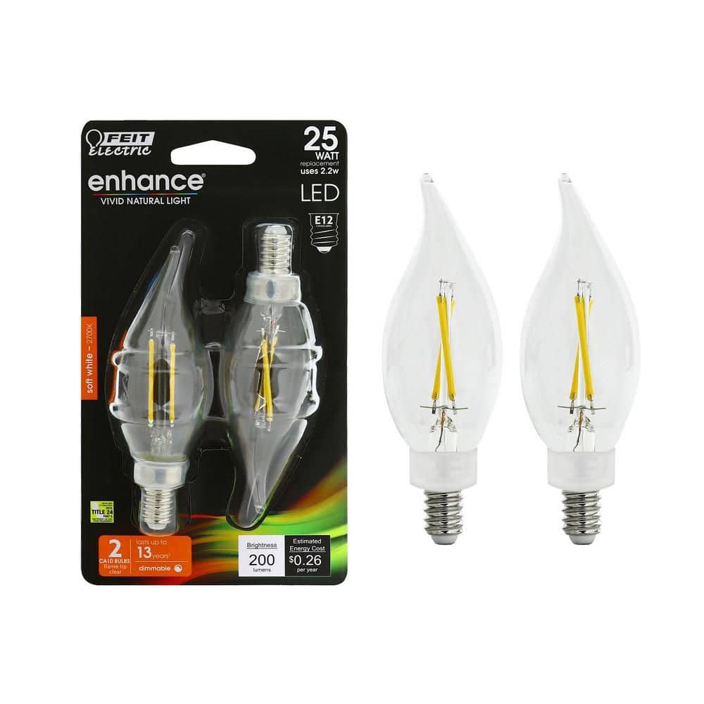 Feit Electric 25-Watt Equiv. BA10 E12 Candelabra Base Dim Filament CEC Clear Glass Chandelier LED Light Bulb, Soft White 2700K(2-Pack)