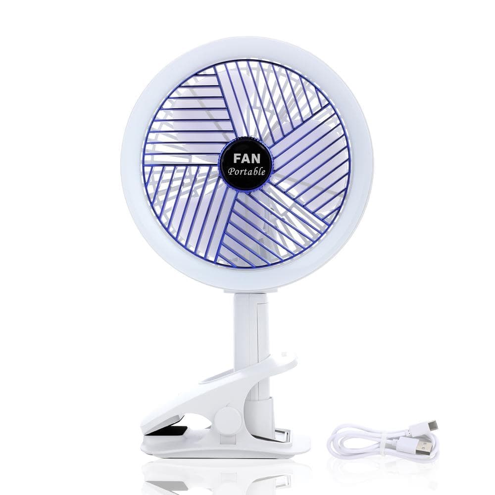 Adrinfly 7 in. 4 fan speeds Pedestal Fan in White, Clip-On w/LED Lamp Rechargeable, 360°Rotating, Battery Powered USB Portable (1)