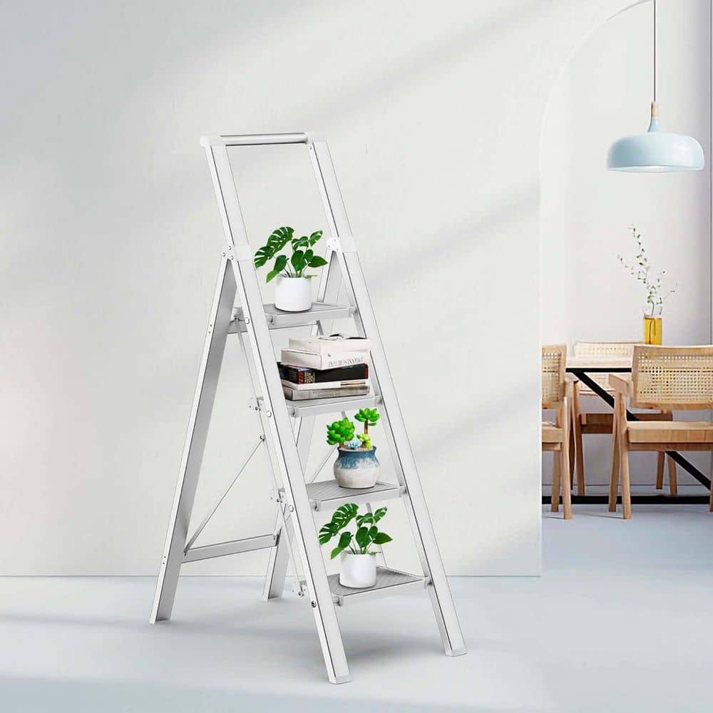 Unbranded 4 Step Ladder Folding Step Stool Stepladders with Anti-Slip and Wide Pedal for Home and Kitchen Use Space Saving (White) (2)