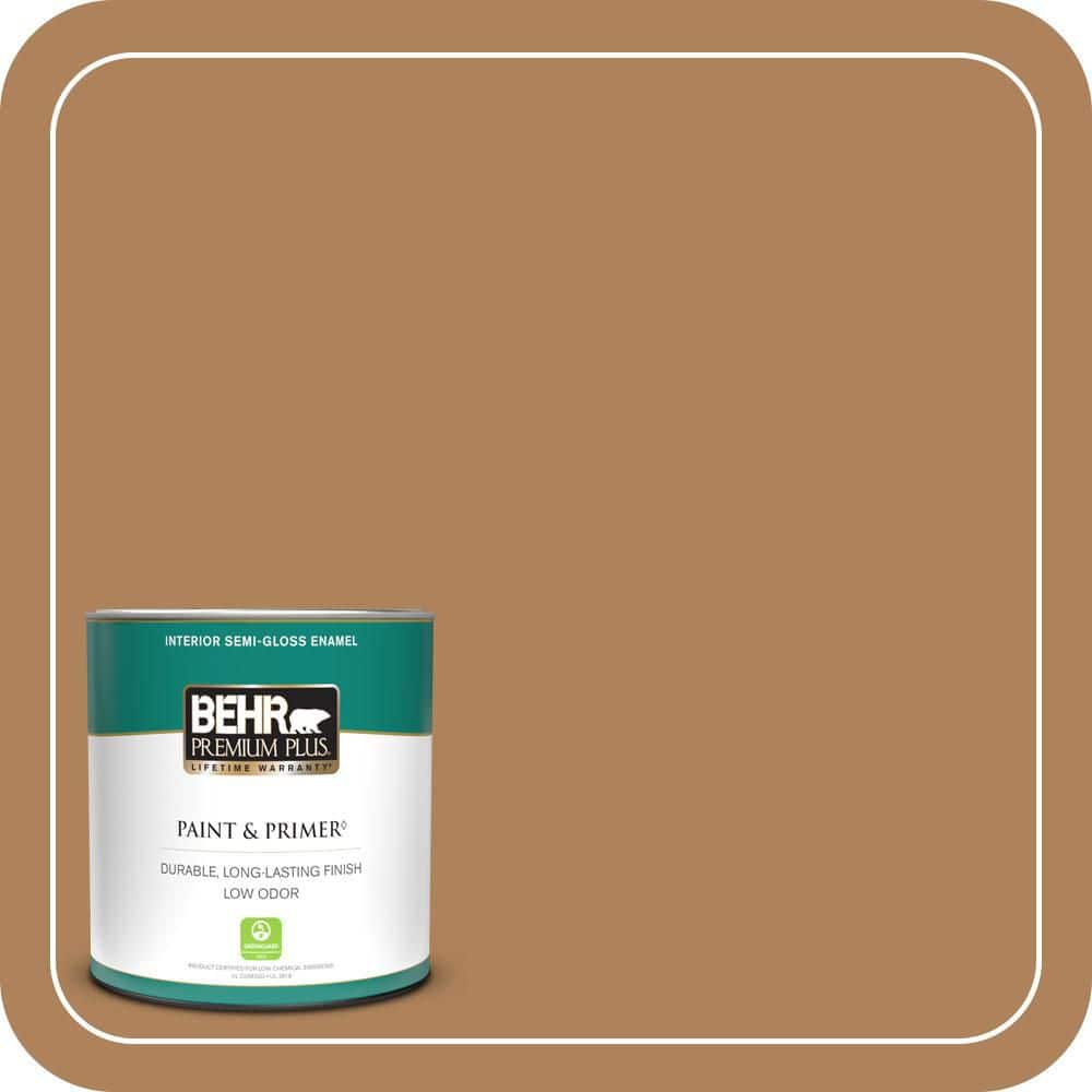 BEHR PREMIUM PLUS 1 qt. #S260-6 Circus Peanut Semi-Gloss Enamel Low Odor Interior Paint & Primer