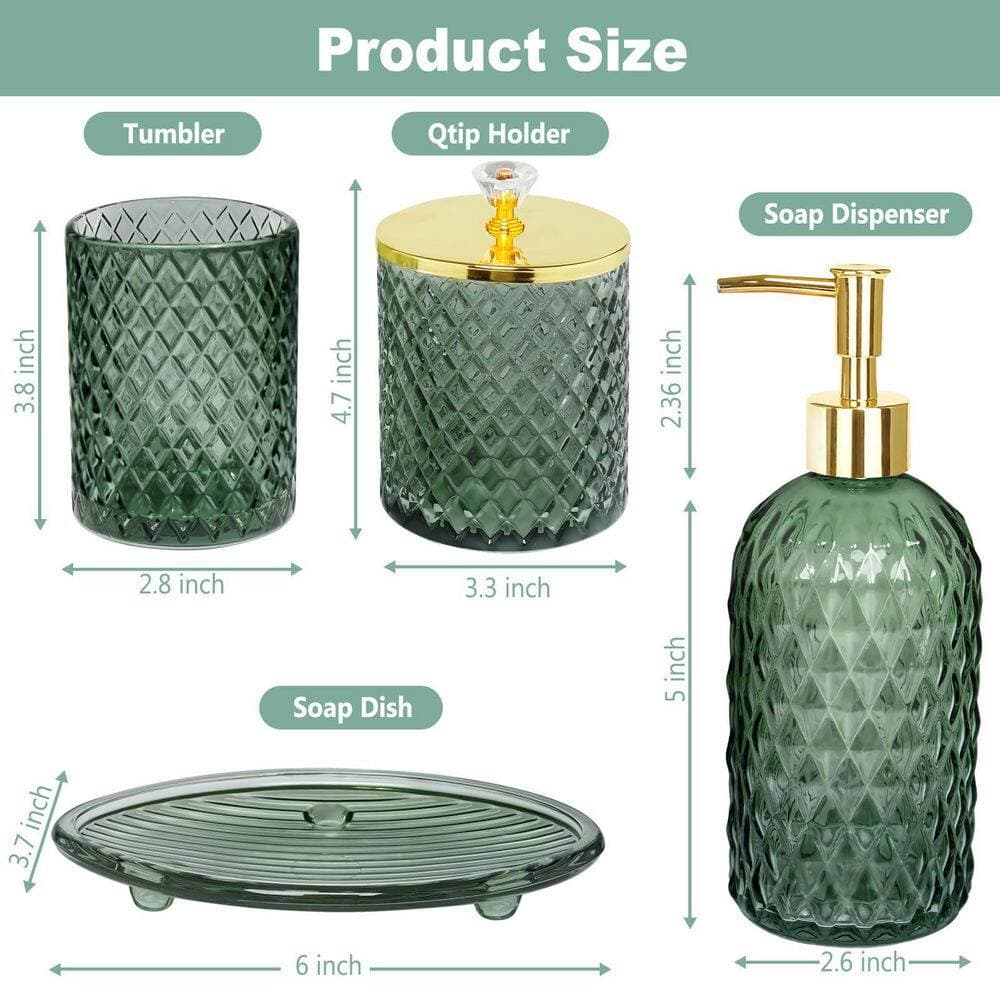 Numhew 4-Piece Bathroom Accessory Set with Lotion Soap Dispenser, Toothbrush Holder, Qtip Holder and Soap Dish in Green (3)