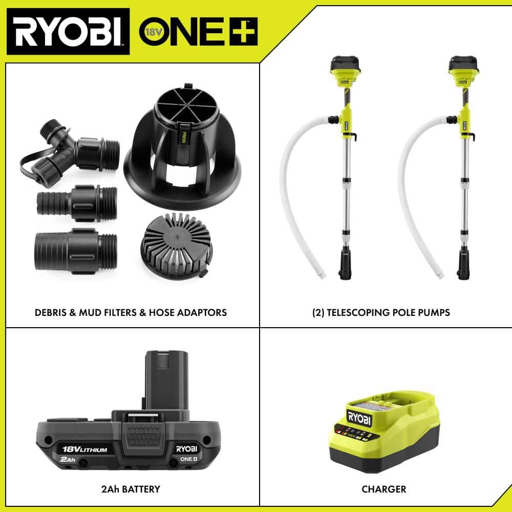 RYOBI (2) ONE+ 18V Cordless 1/6 HP Telescoping Pole Pumps with (1) 2.0 Ah Battery and Charger (2)