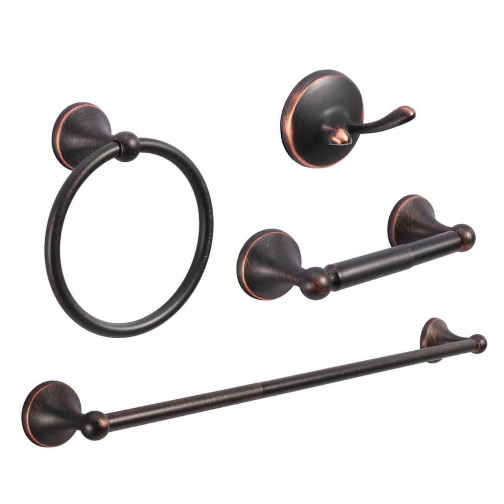 KHKFY Oil-Rubbed Bronze Bathroom Hardware Set, 4 Piece, Towel Bar, Towel Ring, Toilet Paper Holder and Robe Hook (1)