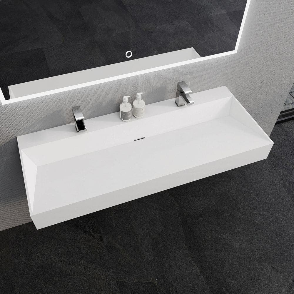 SJ STAR&JANE 48 in. Wall Mount Rectangle Vessel Sink with Faucet Hole, Solid Surface Bathroom Vessel Sink in Matte White (2)