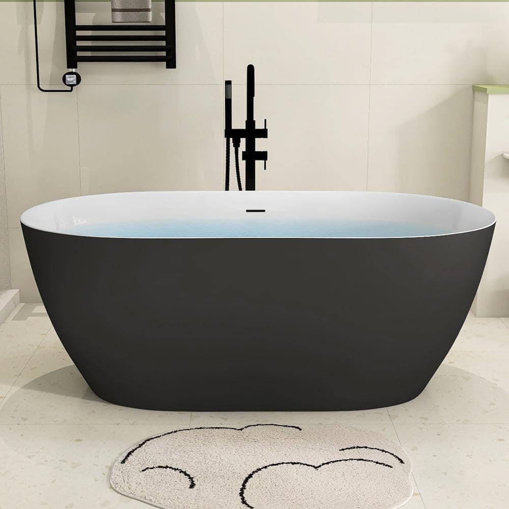 NTQ 59 in. x 30 in. Acrylic Free Standing Tub Oval Freestanding Soaking Bathtub Flatbottom Alone Soaker Tub in Matte Black (1)