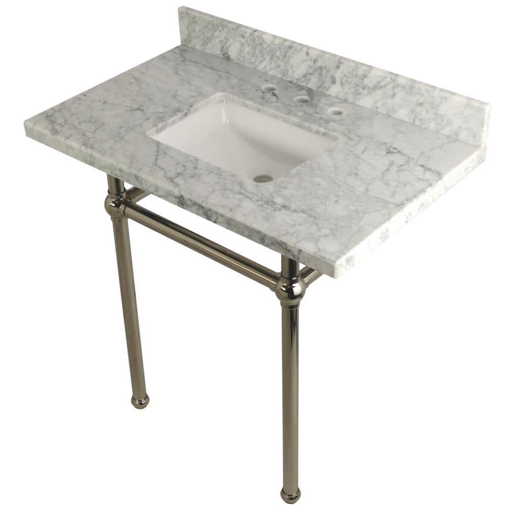 Kingston Brass Square Sink Washstand 36 in. Console Table in Carrara with Metal Legs in Polished Nickel (1)