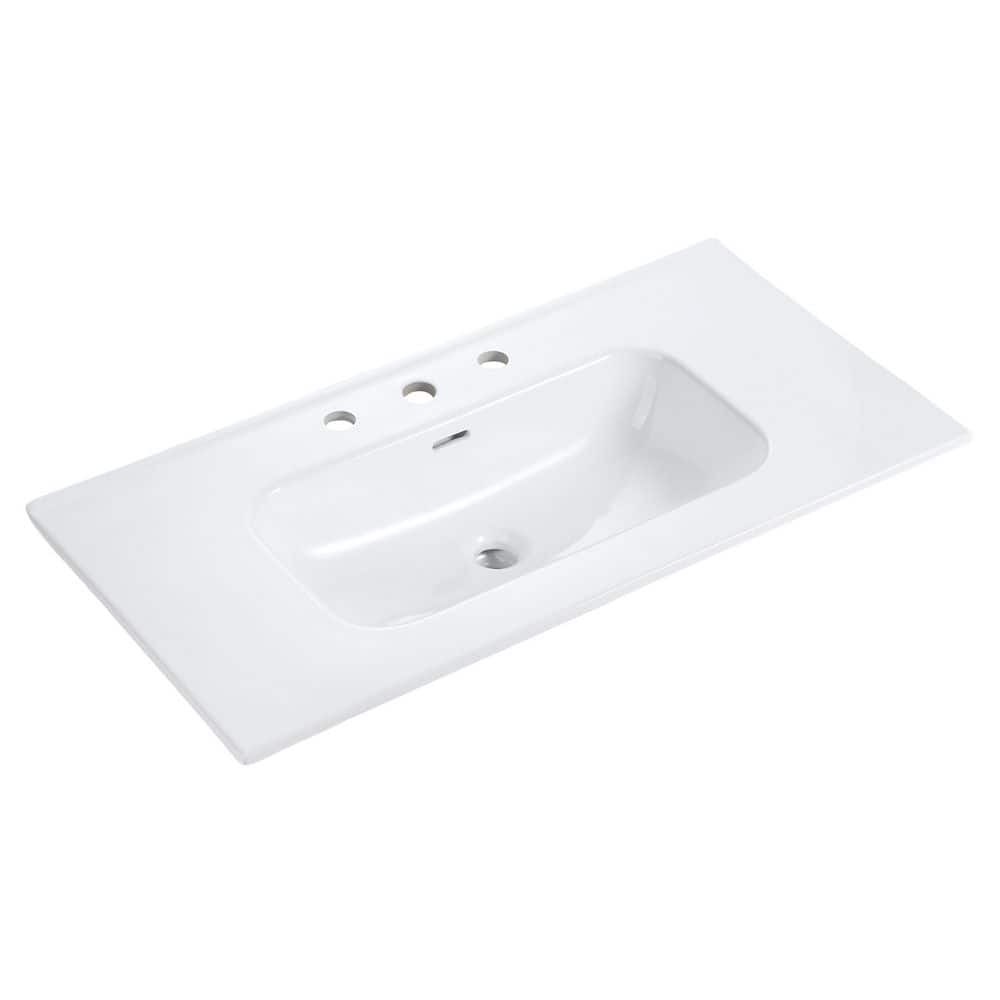 Buruis 36 in. Undermount Ceramic Bathroom Sink in Glossy White with Three Predrilled Faucet Holes, Drain Not Included (1)