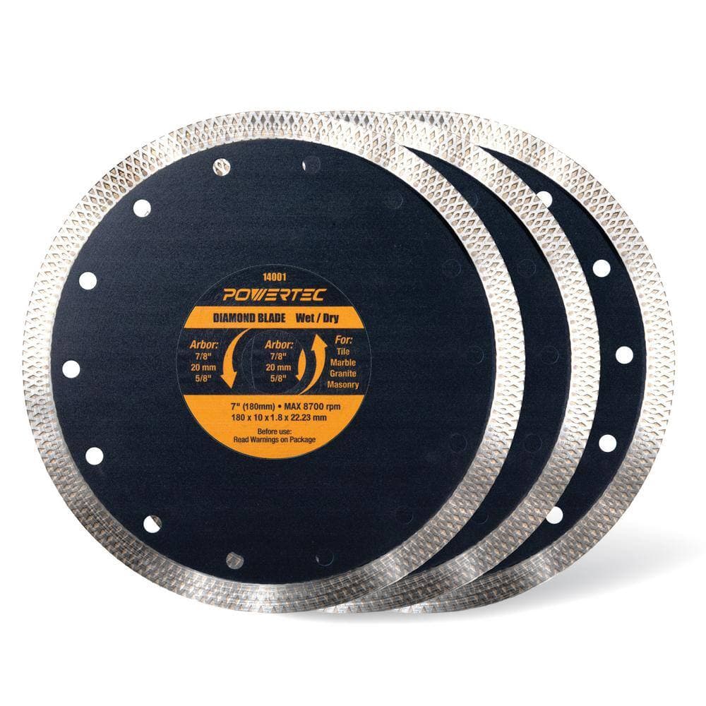 ‎POWERTEC 7 in. Turbo Mesh Rim Diamond Blade for Tile Saw, for Cutting Tile, Granite, Marble and Thin Masonry, (3-Pack) (1)