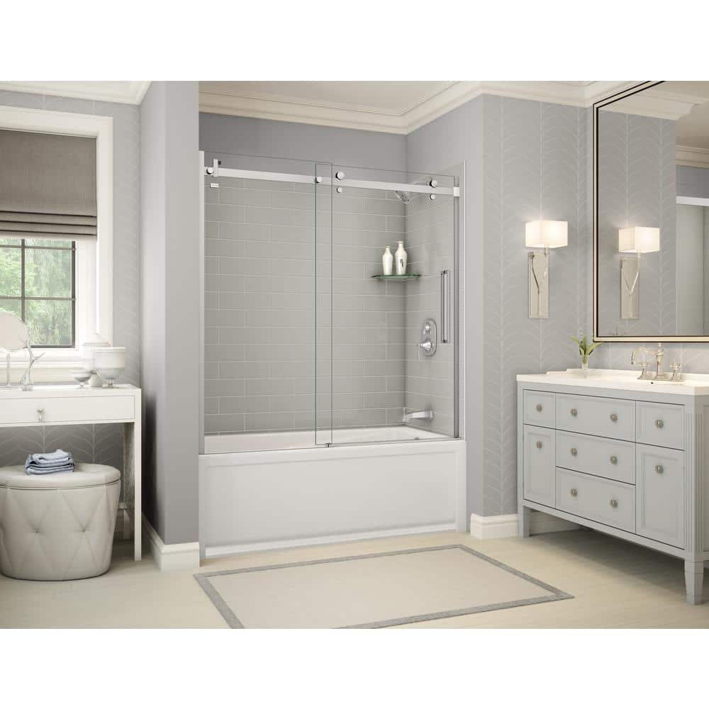 MAAX Utile Metro 32 in. x 60 in. x 81 in. Bath and Shower Combo in Soft Grey with New Town Right Drain, Halo Door Chrome (1)
