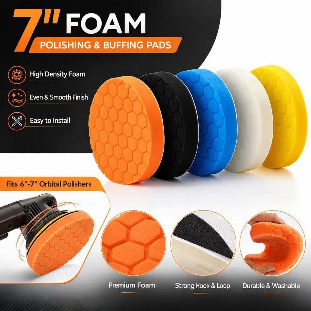 LAIFUCAM 7 Inch Foam Buffing Pads Kit with Hook and Loop Backing for DA Polisher for Paint Correction 5 Pack (3)