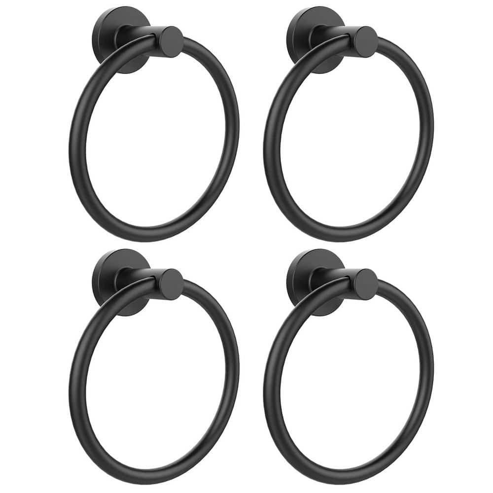 Wudkey (4 Pack) Round Towel Ring in Matte Black, Stainless Steel Wall Mounted Hand Towel Holder, Bathroom Kitchen Towel Hanger (1)