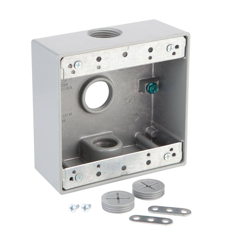 Commercial Electric 2-Gang Metallic Weatherproof Outlet Box with (3) 3/4 in. Holes, Gray