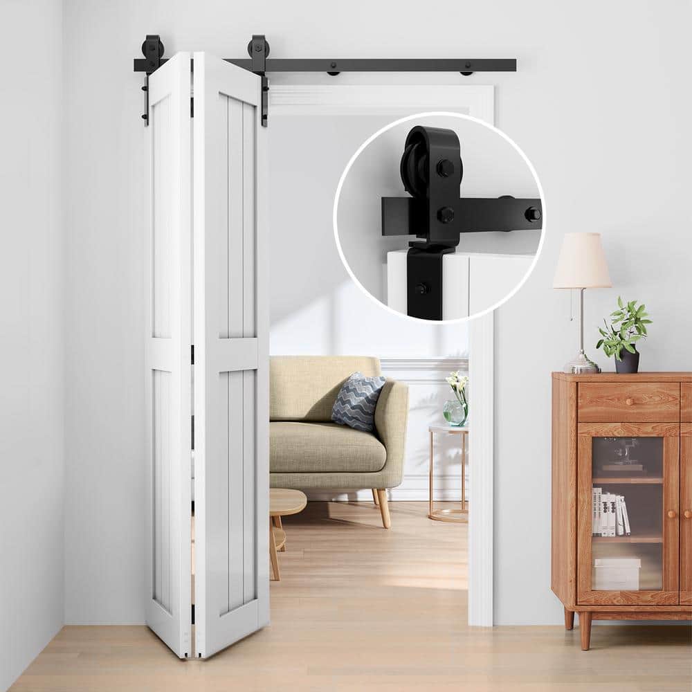 WINSOON 5 ft./60 in. Frosted Black Bi-Folding Sliding Barn Door Hardware Track Kit for Double Doors (2)