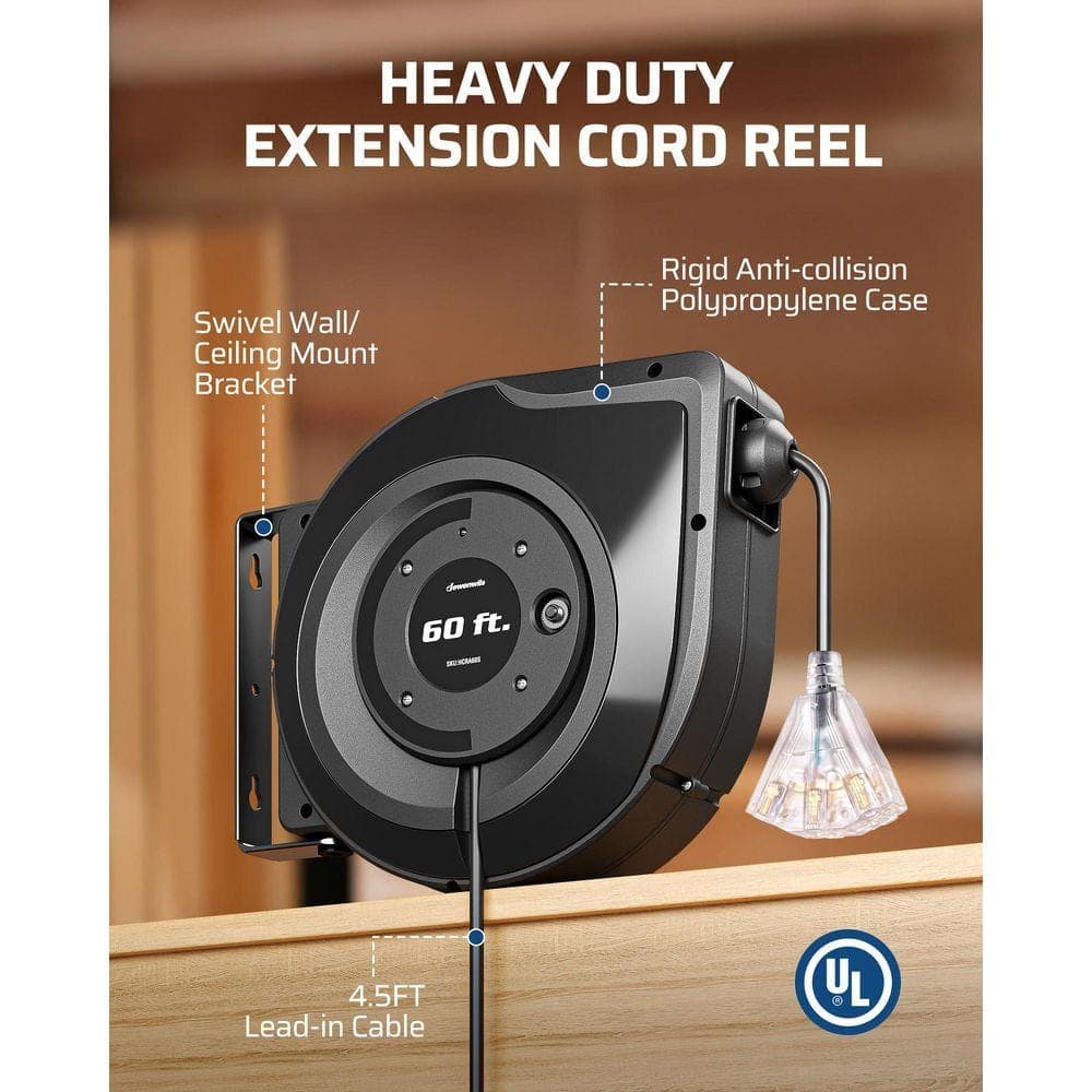 DEWENWILS Heavy-Duty Wall/Ceiling Mounted 60 ft. 12 / 3 Gauge 15 Amp Retractable Extension Cord Reel with 3-Lighted Triple Outlets (3)