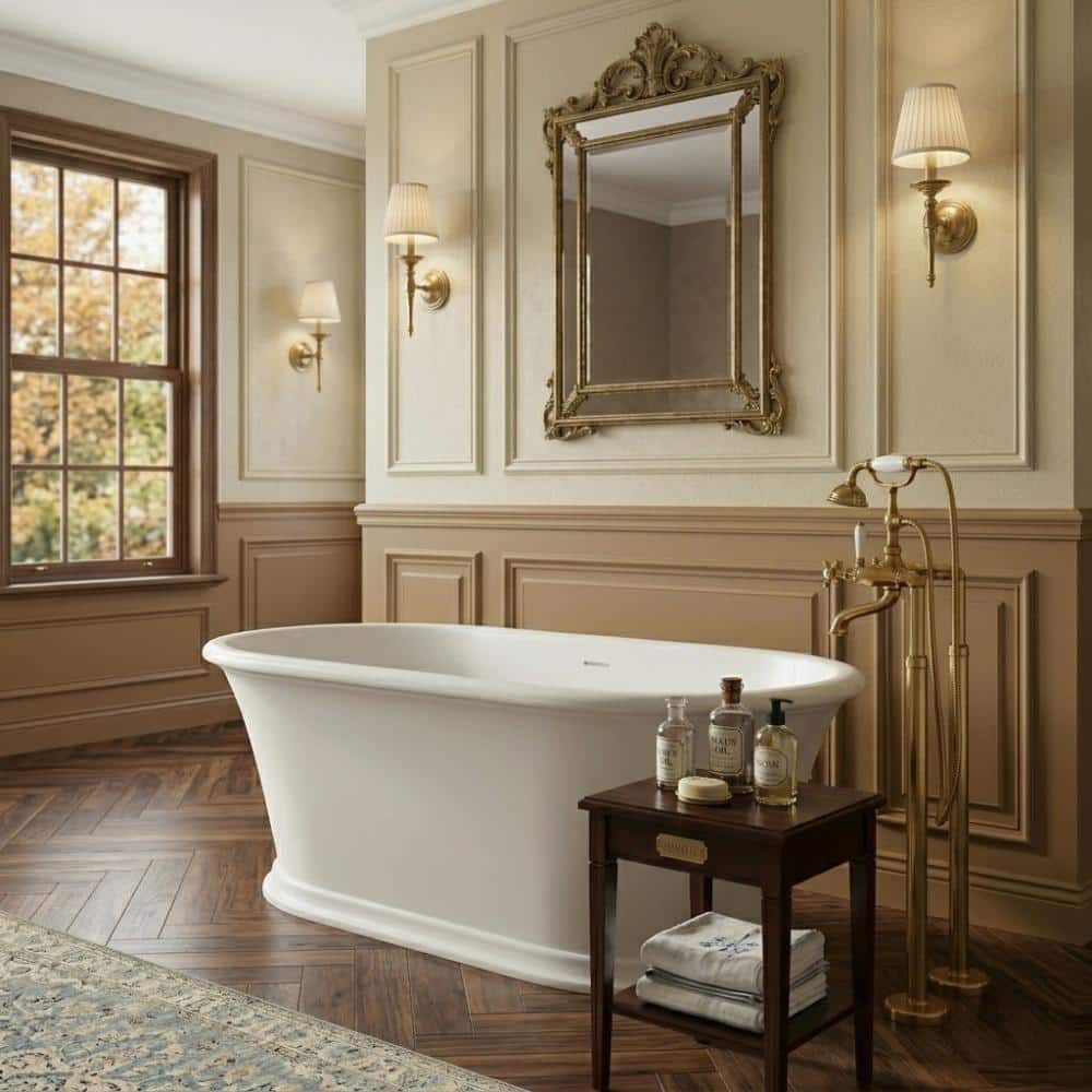 POCCI&VANCCI 61 in. Solid Surface Oval Freestanding Non-Whirlpool Soaking Bathtub with Roll Top Design in Matte White (2)