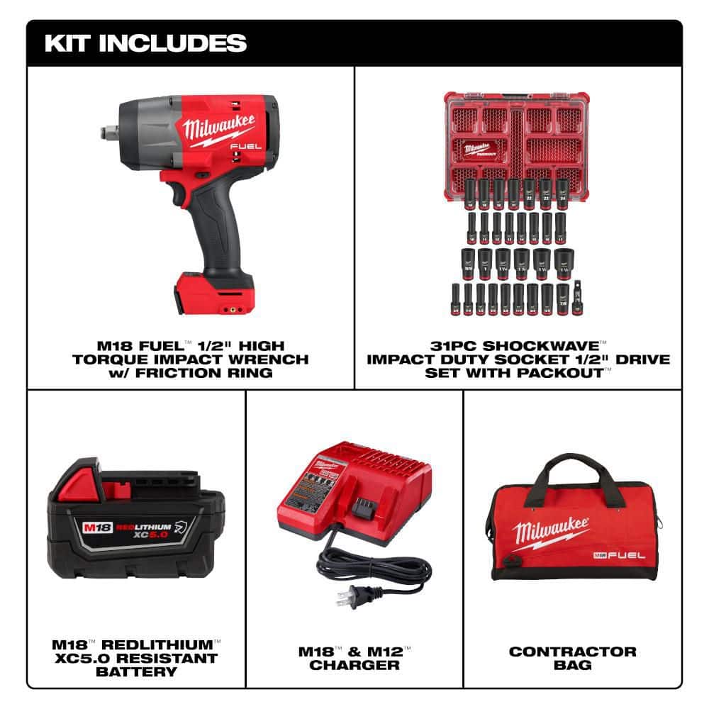 Milwaukee M18 FUEL 18V 1/2 in. Impact Wrench Kit w/ 5. 0Ah Battery, Bag with 1/2 in 31-Pc Metric/SAE Deep Well PACKOUT Socket Set (2)