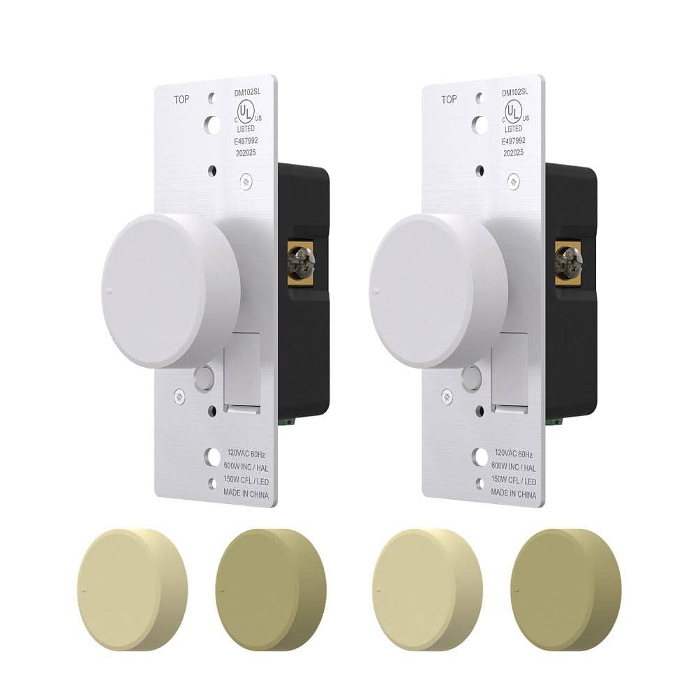 ELEGRP Rotary Dimmer Switch with Night Indicator Light, Push On/Off, Single Pole/ 3-Way, White/Ivory/light Almond (2-Pack)