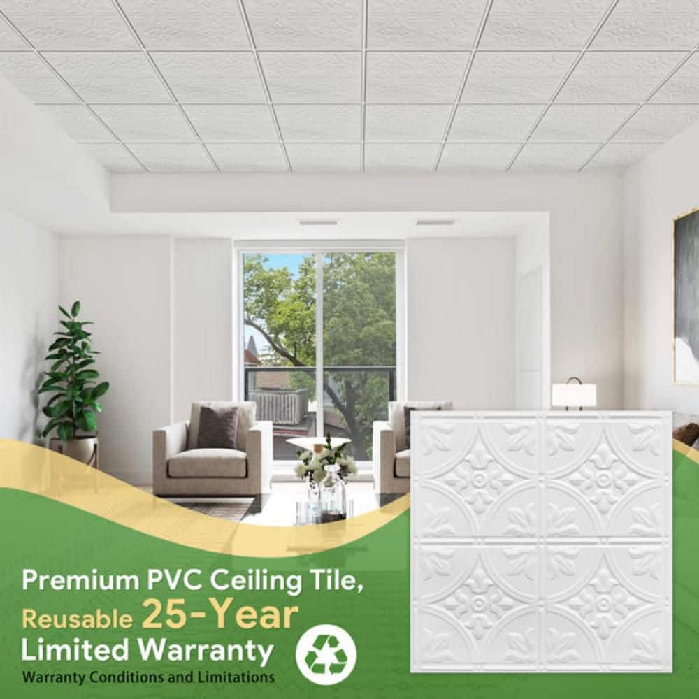 Fasarxiu White 2 ft. x 2 ft. Decorative Textured Waterproof Washable and Fire-Rated PVC Ceiling Tile 48(sq. ft. / case)12 Tiles (2)