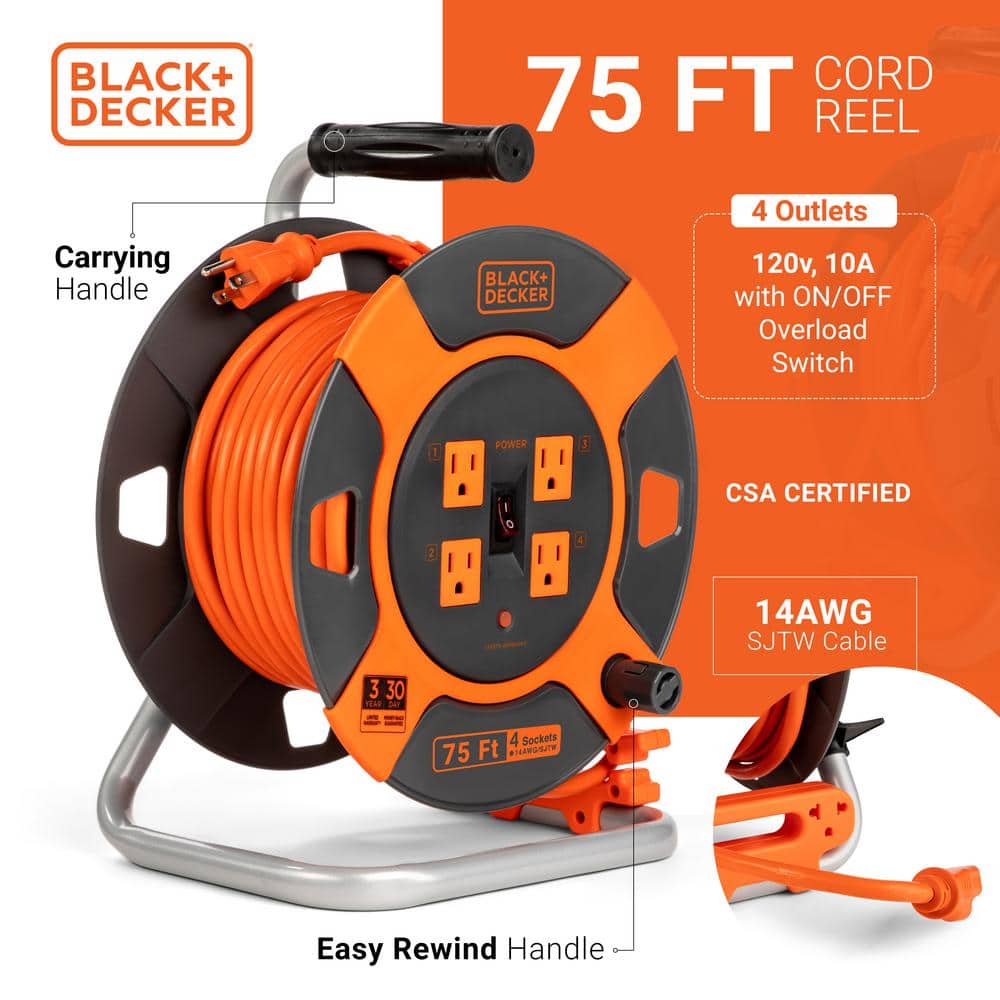 BLACK+DECKER 75 ft. 4 Outlets Retractable Extension Cord with 14 AWG SJTW Cable Outdoor Power Cord Reel (3)