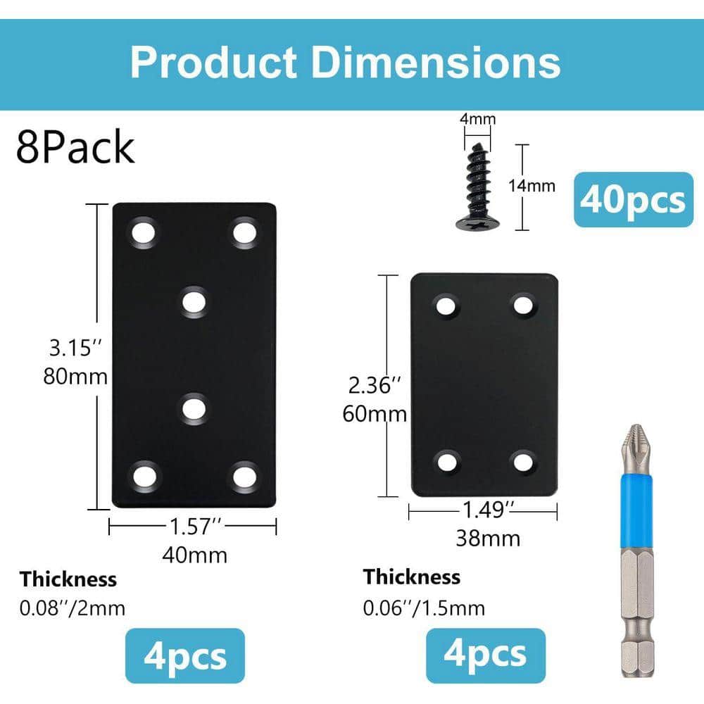 KIWDZFU Black Flat Mending Plate 8 Pack Stainless Steel Straight Brace Fixing Joining Plate for Wood Furniture (2)