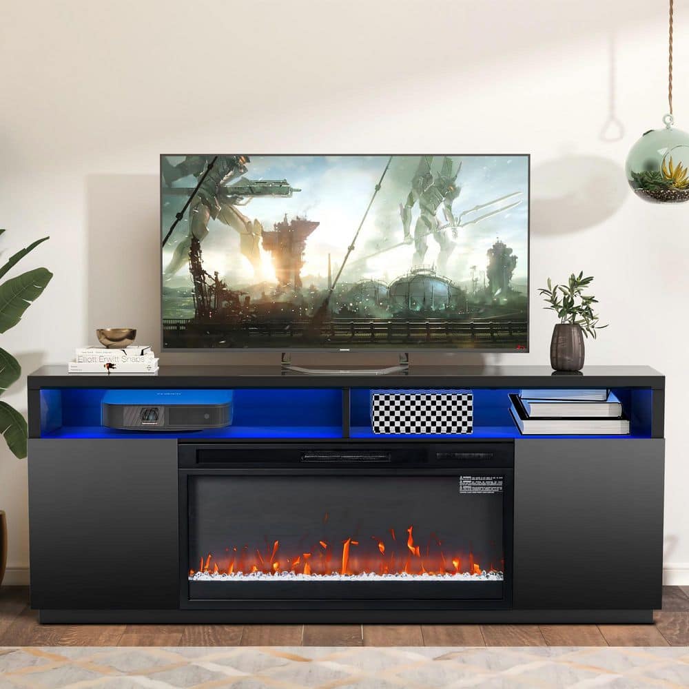 IHOMEadore 68 in. Freestanding Fireplace TV Stand for TVs Up to 75 in. with 36 in. Electric Fireplace Insert in Black