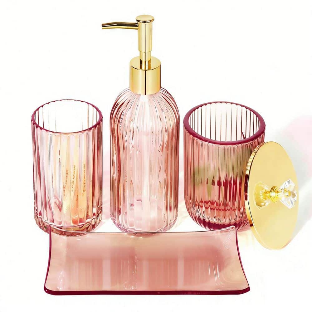 Wudkey 4-Piece Bathroom Accessory Set with Soap Dispenser, Toothbrush Holder, Vanity Tray and Apothecary Jar in Pink (2)