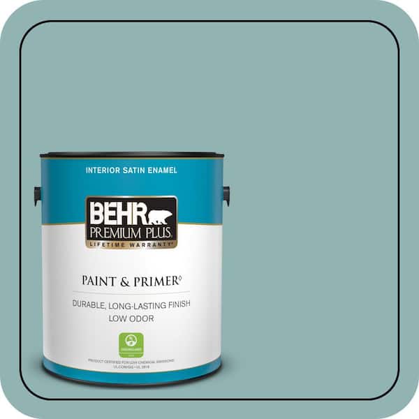 BEHR PREMIUM PLUS 1 gal. #BIC-24 Artful Aqua Semi-Gloss Enamel Low Odor Interior Paint & Primer (2)