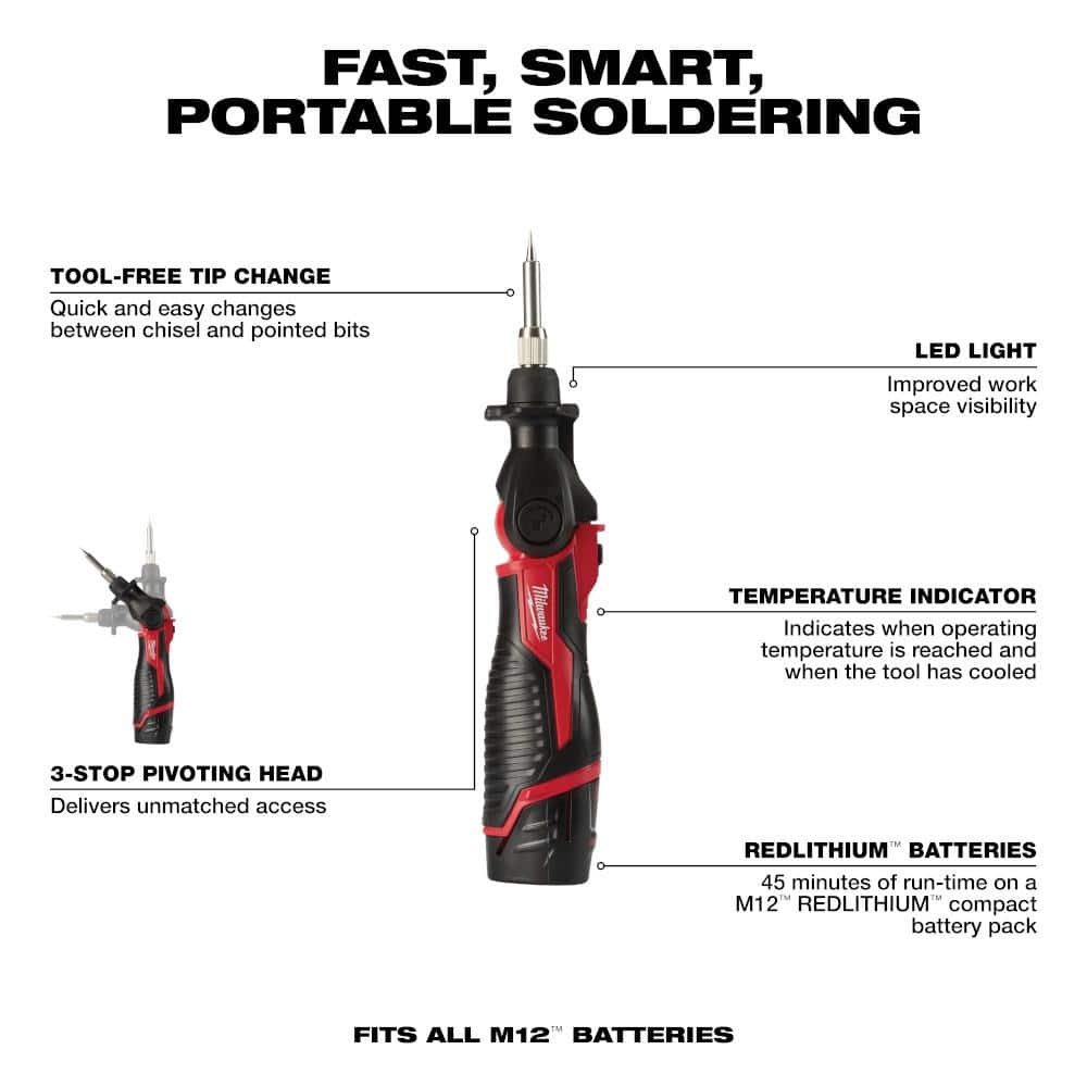 Milwaukee M12 12-Volt Lithium-Ion Cordless Soldering Iron Kit with (1) 1.5Ah Batteries, Charger & Hard Case (3)