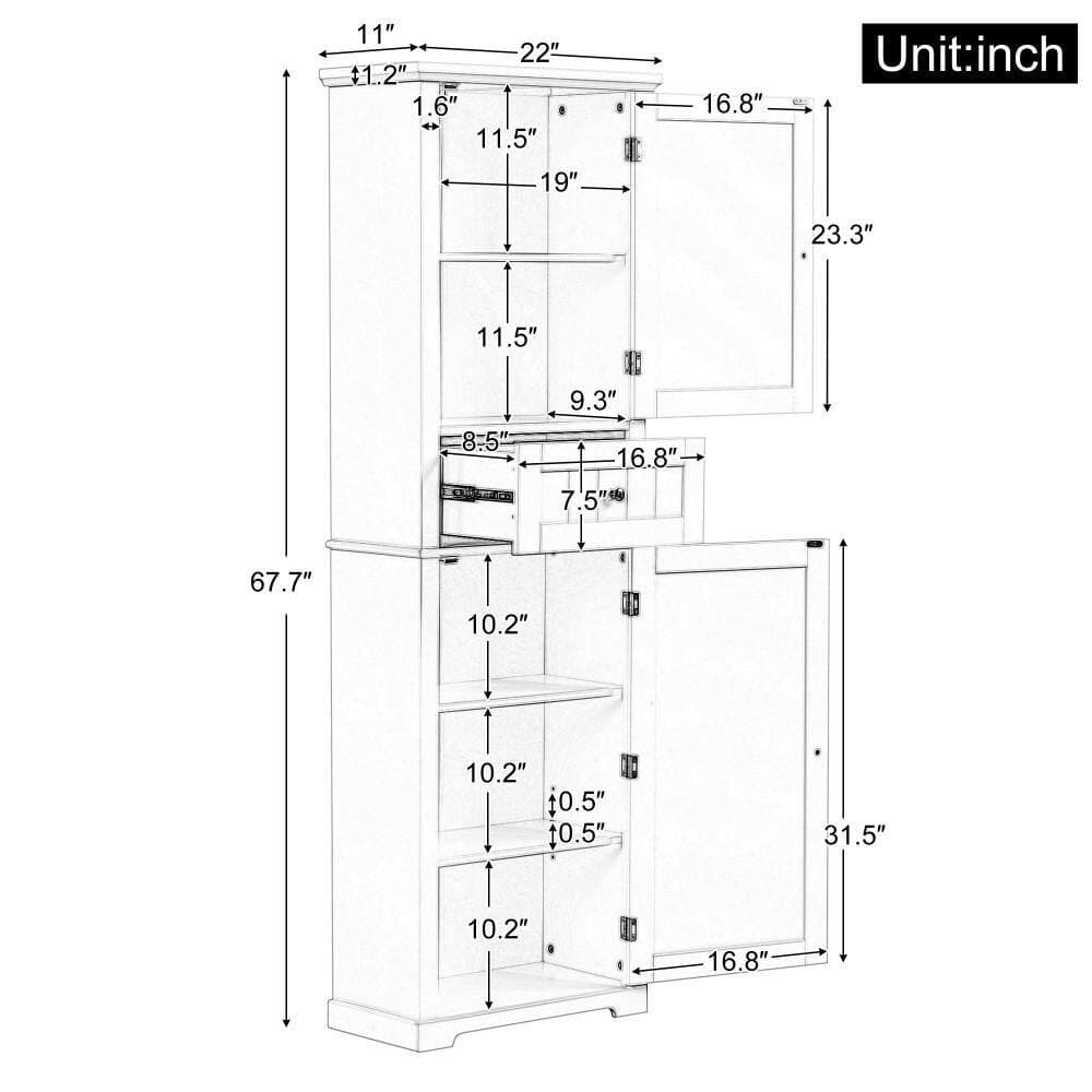 Unbranded 22 in. D 11 in. W 67.7 in. H Linen Cabinet with Drawer and Adjustable Shelf (3)