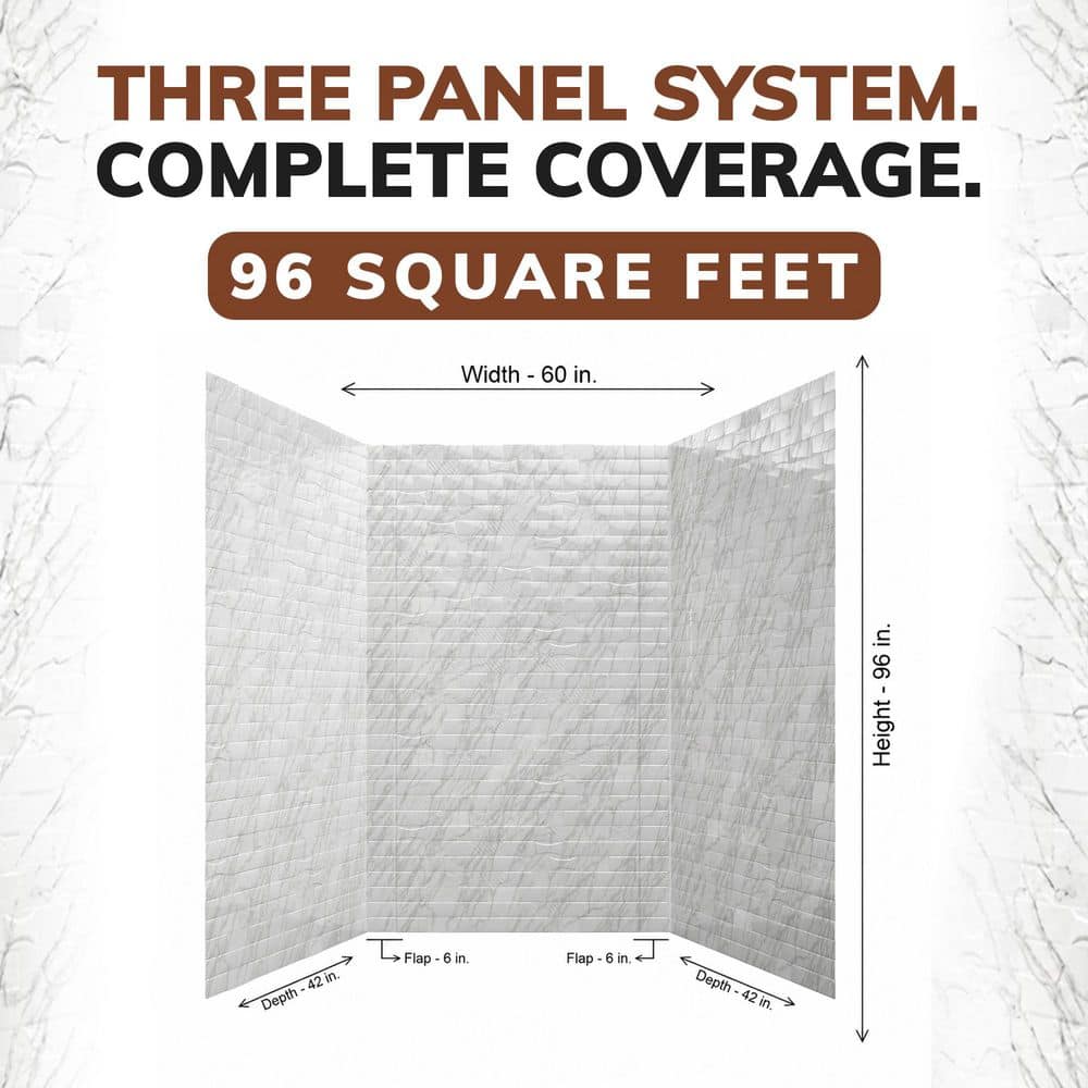 FROM PLAIN TO BEAUTIFUL IN HOURS Versa Tile 60 in. W x 96 in. H x 42 in. D 3-piece Glue-Up PVC Tub Surrounds Wall Panels in Marble (2)