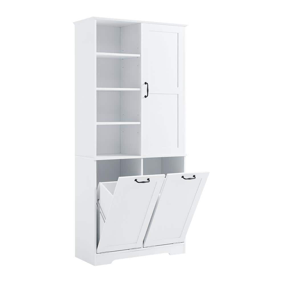 Cesicia 31 in. W x 14 in. D x 68 in. H White MDF Freestanding Linen Cabinet with Tilt-Out Drawer and Adjustable Shelf (2)