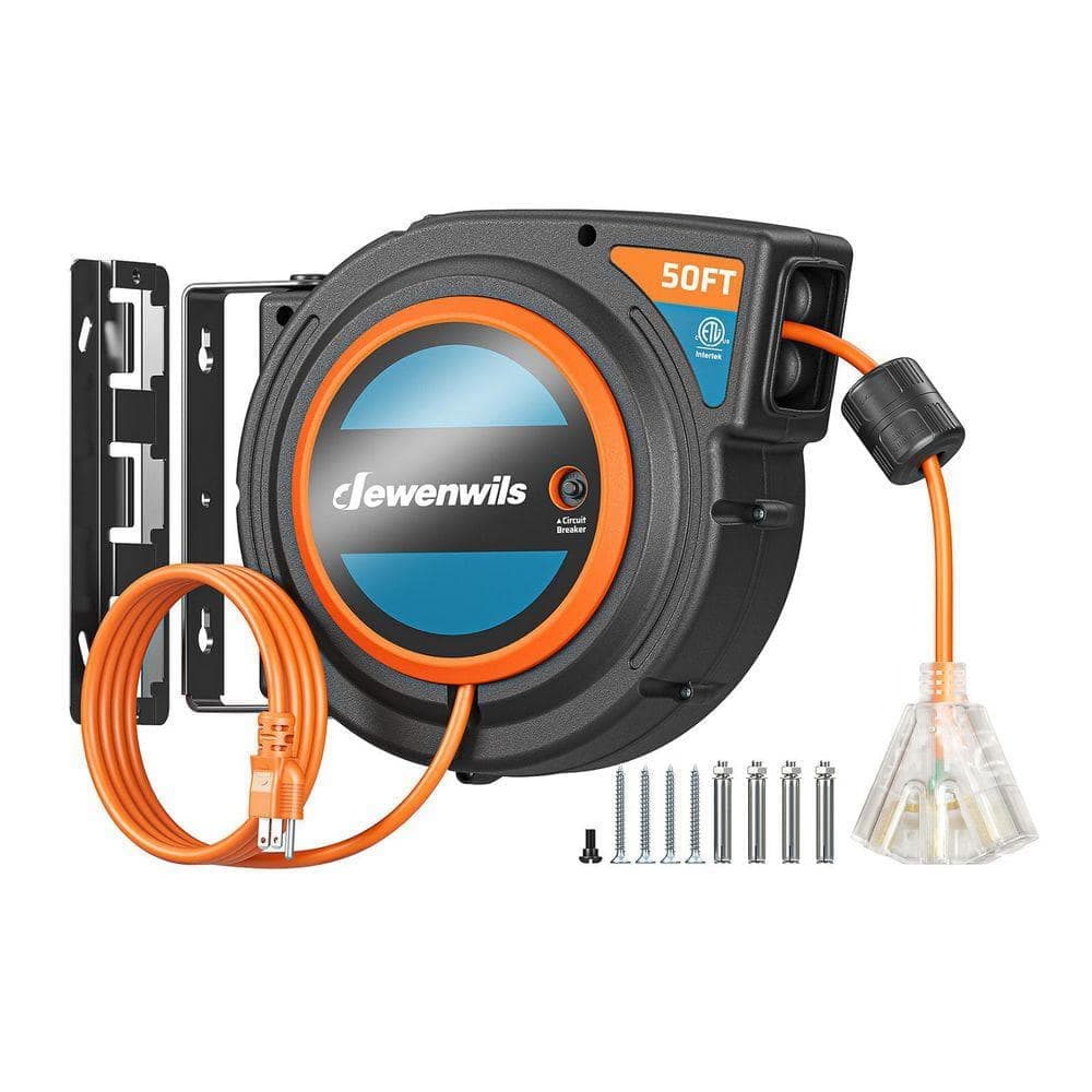 DEWENWILS 50 ft. 14/3 13A Circuit Breaker Heavy Duty Power Retractable Extension Cord Reel with 3 Grounded Outlets, Ceiling/Wall (1)