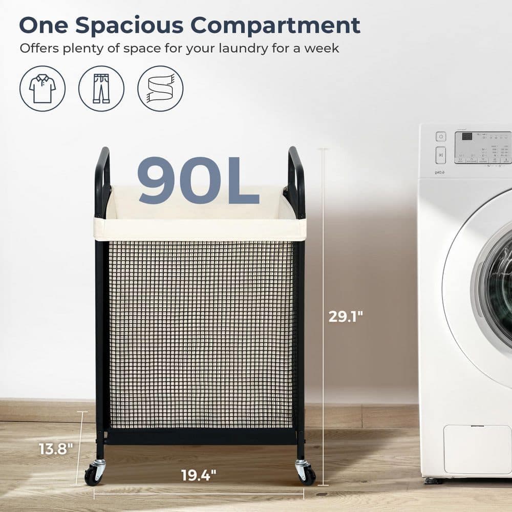 Wudkey 90L 1 Section Rolling Bathroom Laundry Hamper Sorter Cart with Removable Washable Liner Bag, Metal Handle and Wheels (2)