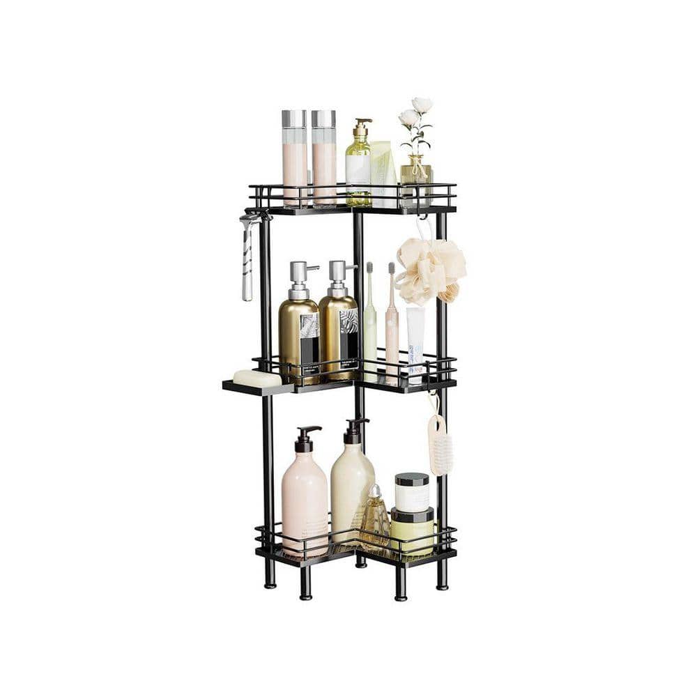Unbranded 9.45in L 30.94in H Stainless Steel Standing Shower Shelf in Black Large Capacity Organizer with Soap Holder 4 Hooks