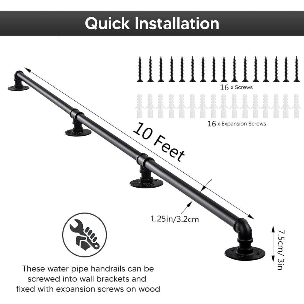 Afoxsos 10 ft. Industrial Iron Pipe Metal Hand Rail Matte Black Non-Slip Grab Bar for Indoor Stairs Porch Deck (2)