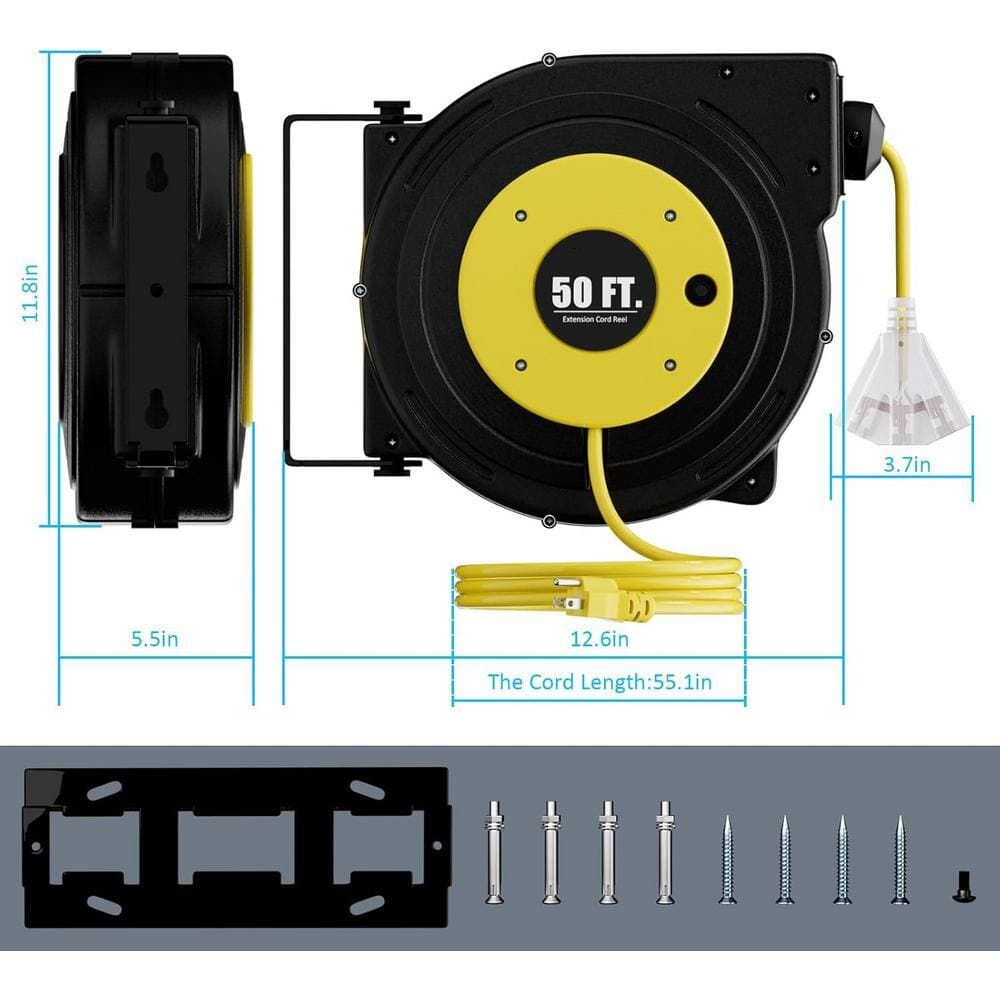 Yichuhaoxi 50 ft. 14AWG / 3C SJTOW 13 Amp Heavy Duty Retractable Extension Cord Reel with 3 Grounded Lighted Outlet in Yellow (2)
