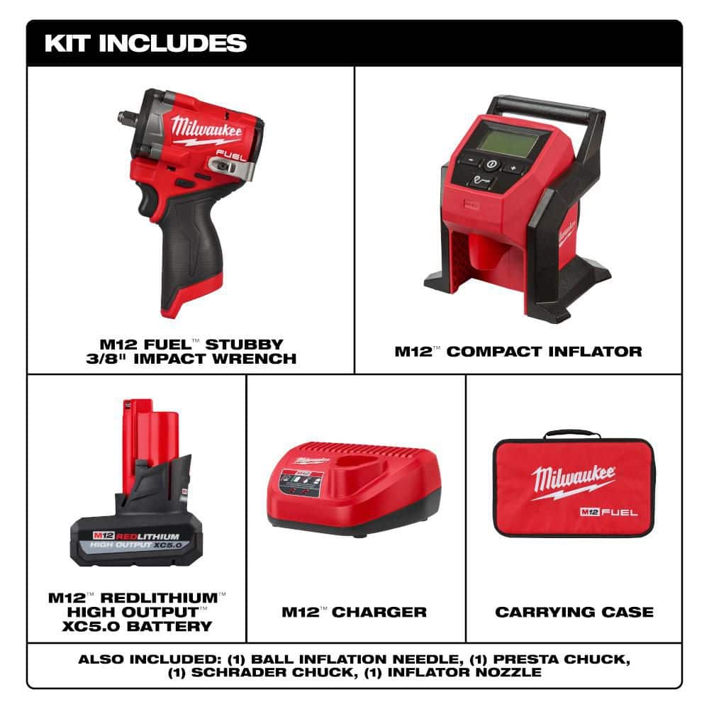 Milwaukee M12 FUEL 12V Li-Ion Brushless Cordless Stubby 3/8 in. Impact Wrench Kit w/ 5.0 Ah High Output Battery and M12 Inflator (2)