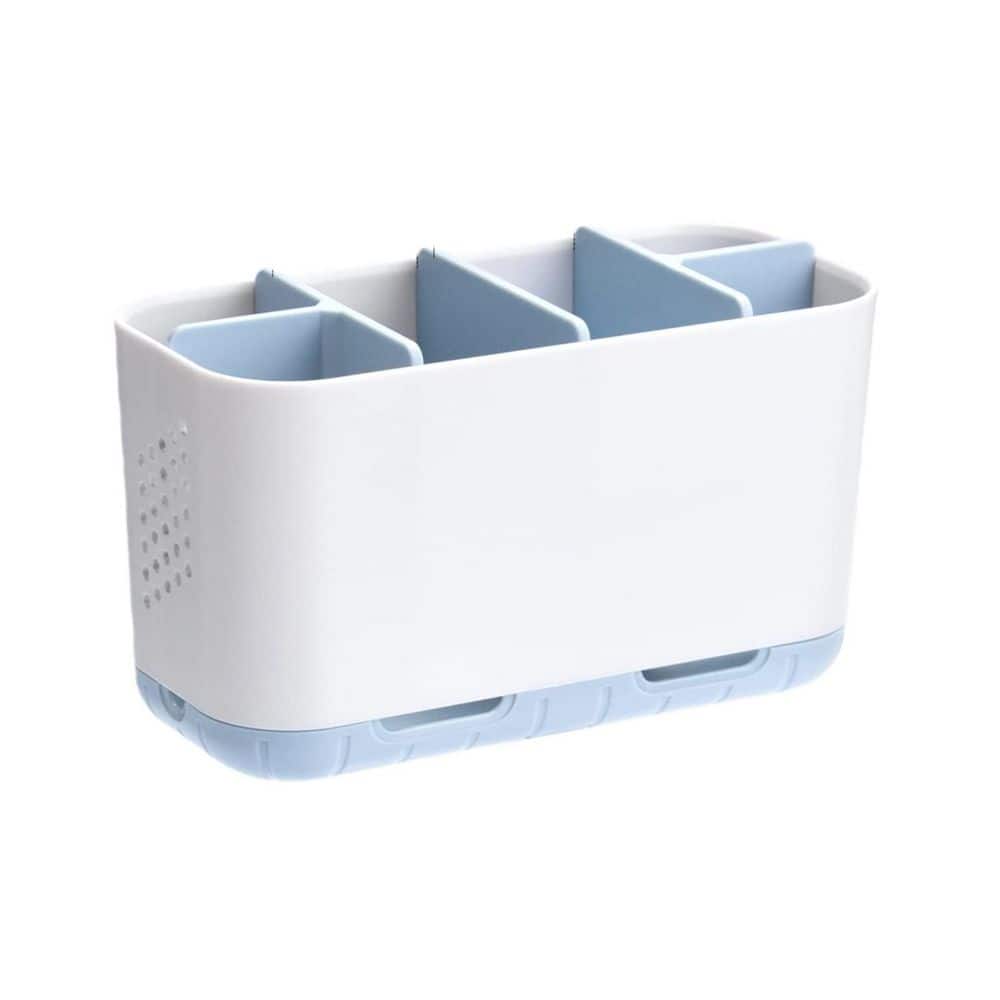 Wudkey Toothbrush and Toothpaste Holder Drainage for Bathroom Countertop with Adjustable Dividers in White and Blue (1)