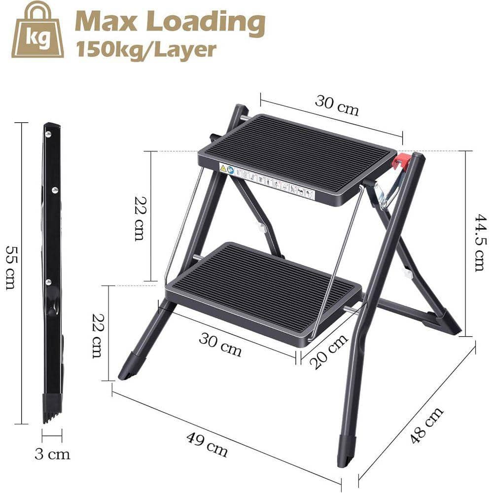 KIWDZFU 1.5 ft. Reach Folding Step Ladder 2-Step Black Light Steel with Non-Slip Rubber Mat Up to 330 lbs. for Home and Office (2)