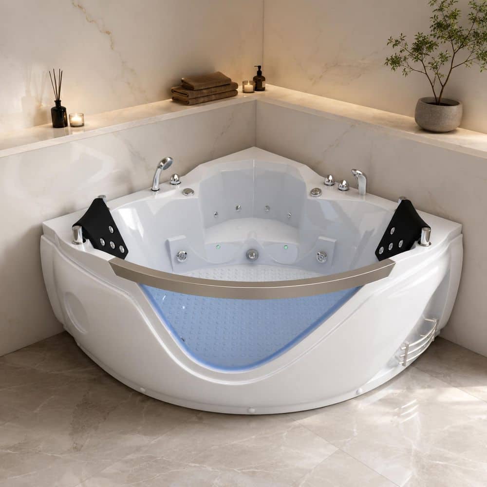 AVAXA 59 in. x 59 in. Acrylic Corner Whirlpool Bathtub w/ Left Drain, 6-Hydromassage Jets,and Pneumatic Controls in Milk White (1)