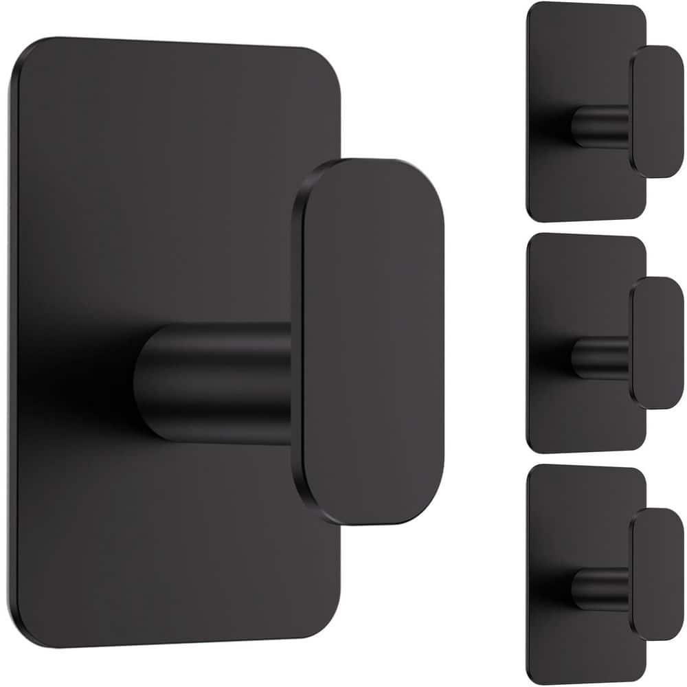 LAIFUCAM Adhesive Wall Hook Towel Holder in Black Finish, Heavy Duty Stainless Steel Bath Accessory for Bathroom, 4 Pack J-Hook (1)
