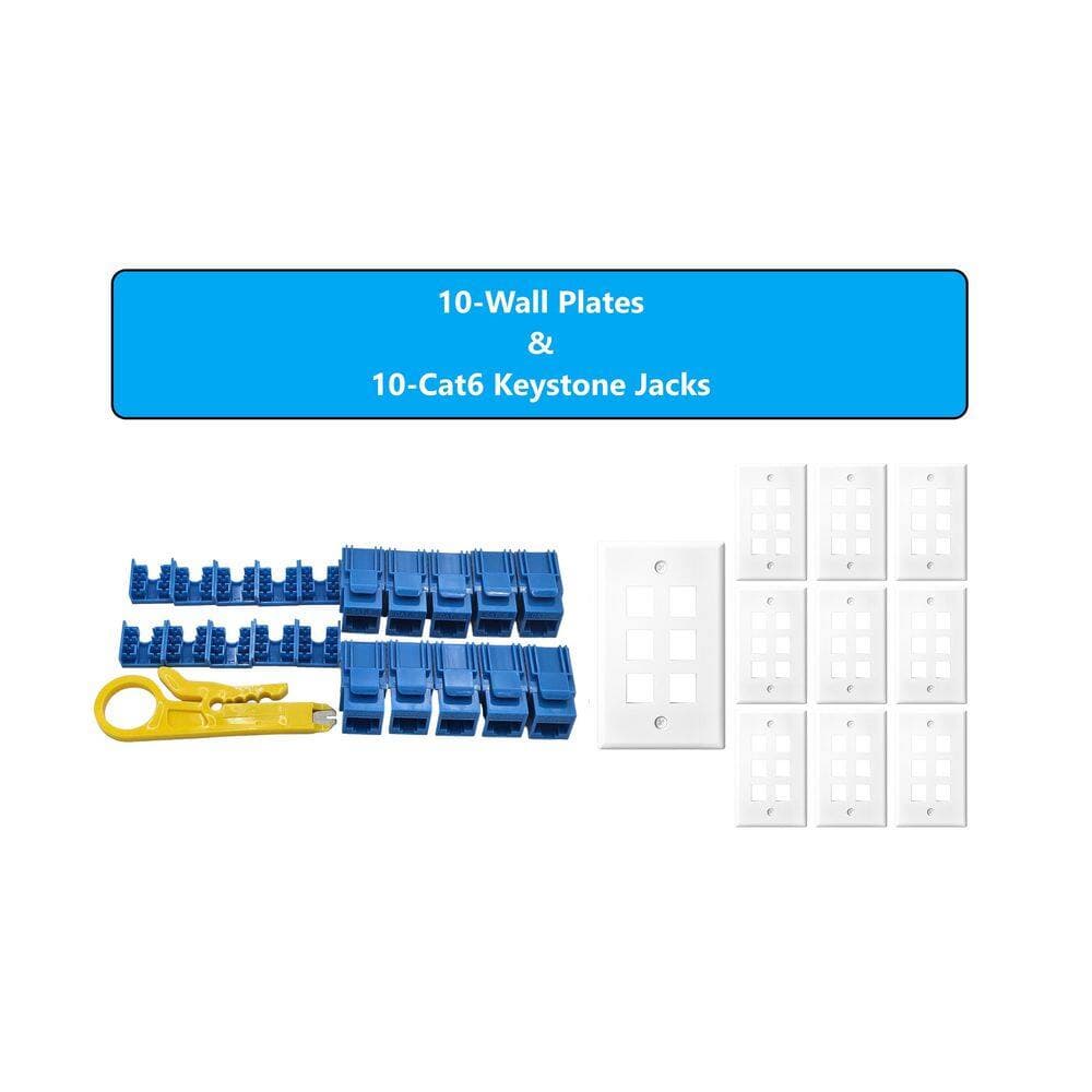 Micro Connectors, Inc 10-Pack 1-Gang White Keystone Plastic Wall Plates 6-Port and 10 Cat 6 RJ45 Keystone Jacks Blue (2)