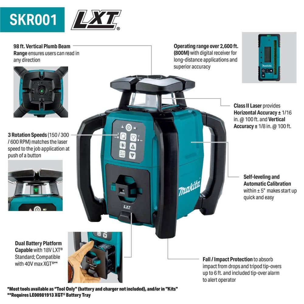 Makita 18V LXT 2625 ft. Exterior Green Laser Dual Slope 360 degree Rotary Laser Level with case, Tool Only (3)