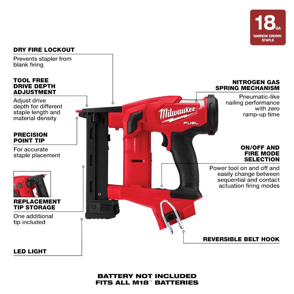 Milwaukee M18 FUEL 18-Volt Lithium-Ion Brushless Cordless 18-Gauge 1/4 in. Narrow Crown Stapler (Tool-Only) (4)