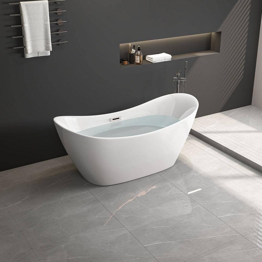 WELLFOR 67 in. x 30 in. Acrylic Soaking Freestanding Twin Slipper Bathtub with Chrome Drain in Glossy White (3)