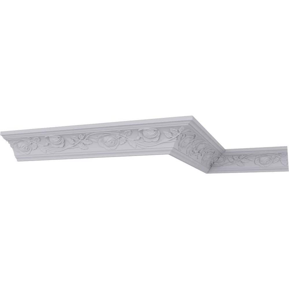Ekena Millwork 3-3/4 in. x 3-1/4 in. x 94-1/2 in. Polyurethane Bulwark Rose Crown Moulding (1)