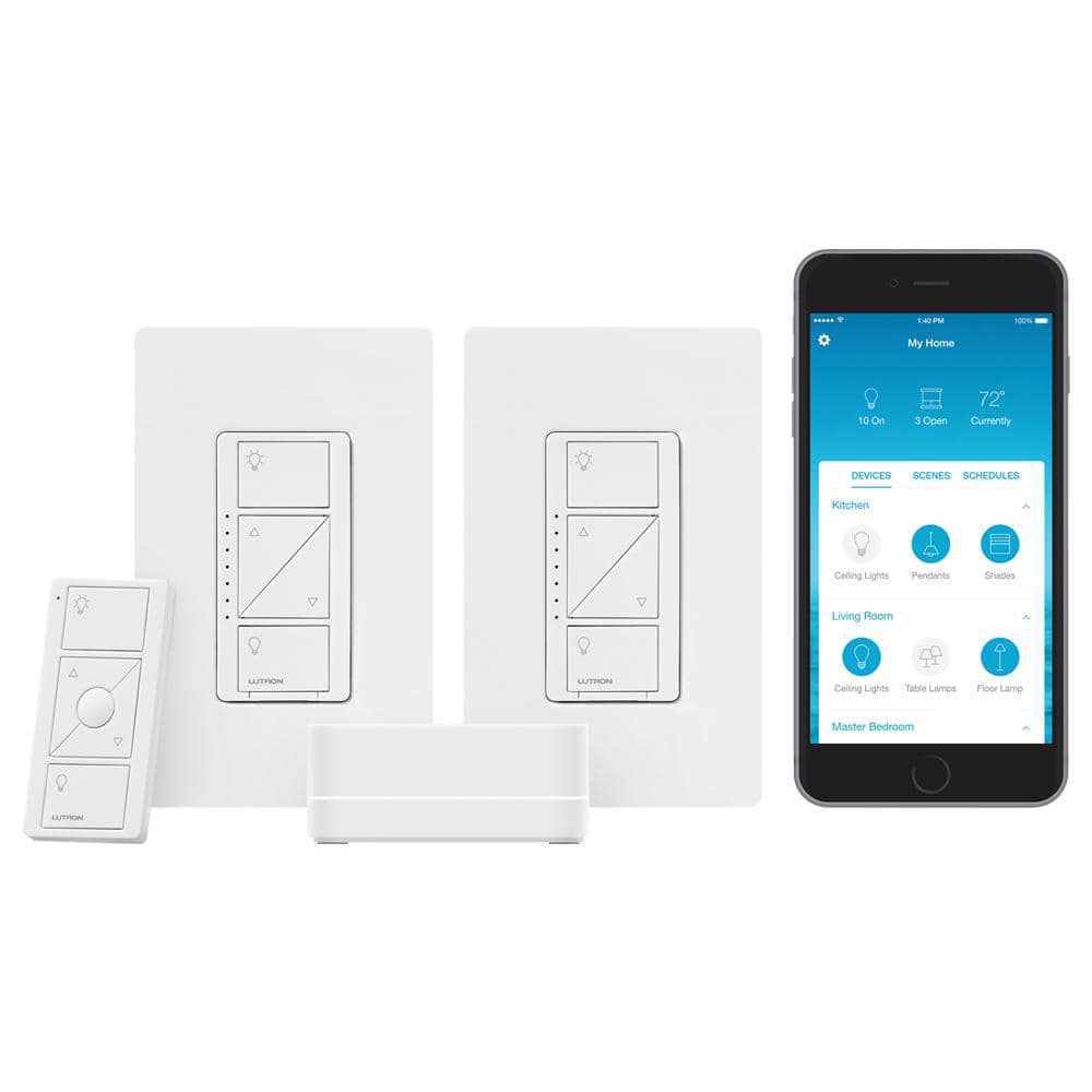 Lutron Caseta Smart Lighting Starter Kit with Smart Hub, Pico Remote, and 2 Dimmer Switches, White (CASETA-2DIMMER-BNDL) (1)